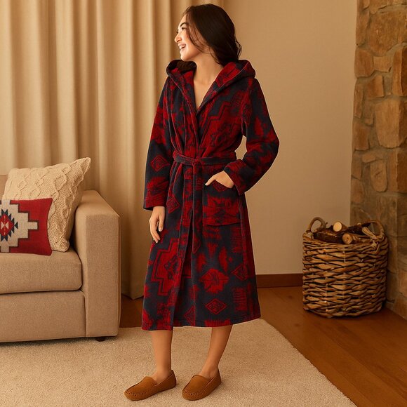 Pendleton Cotton Terry Jacquard Velour Robe Hooded Sz M/L Red Southwestern Aztec - Picture 1 of 10